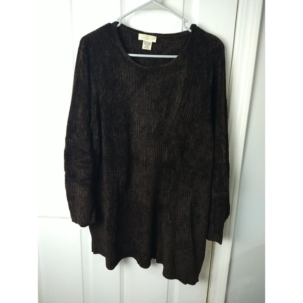 Yarn Works Woman L Chocolate Brown Tunic Sweater Side Slits Casual